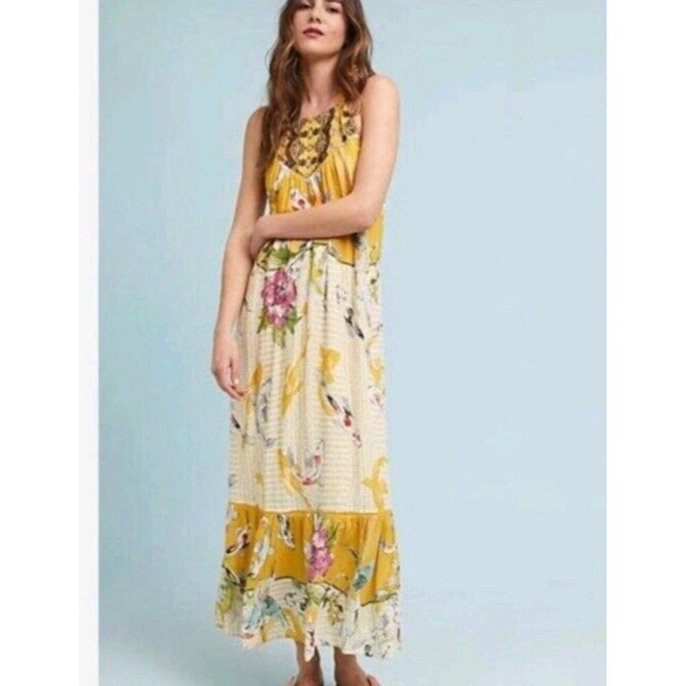 Anthropologie Yellow Floral Maxi Dress